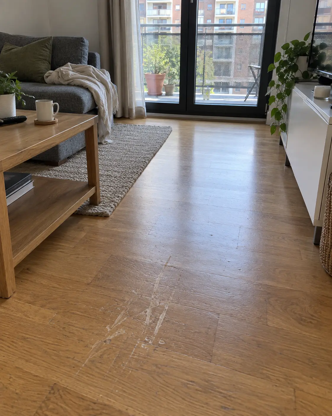 A parquet floor with visible damage, close up in daylight. Illustrative image.