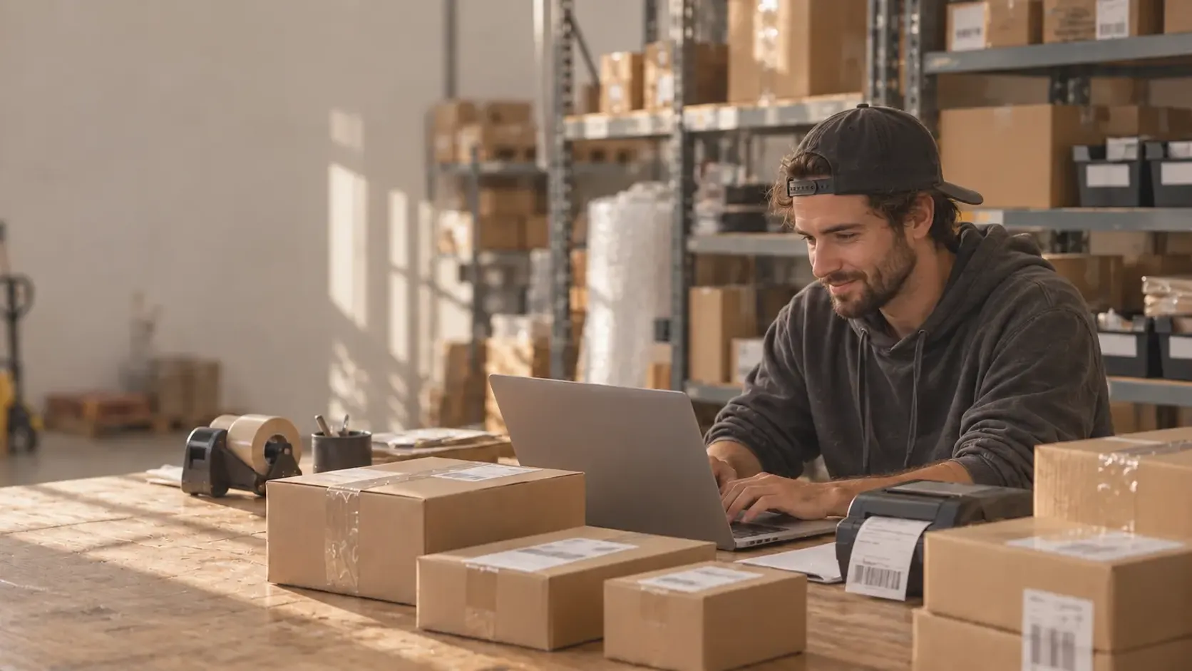 El responsable de una tienda online prepara pedidos en el portátil, entre cajas listas para enviar