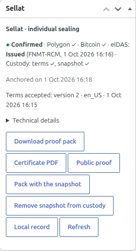 A WooCommerce order page with the Sellat box: confirmed, anchored and with a qualified timestamp, and the buttons to download the package, the certificate and the public proof. Demo shop.